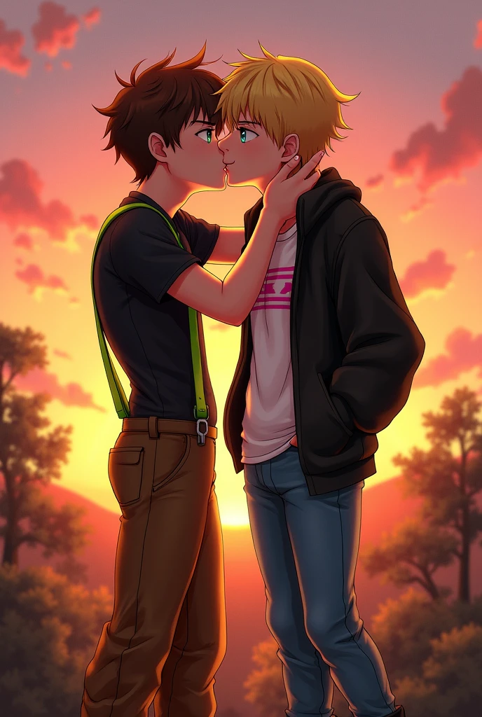 Jesse and Lukas, sitting at sunset, They kiss in a scene that shows their love. Lukas, blonde and aqua eyes, holds Jesse by the waist. Jesse, brown hair and green eyes, He runs his hands over Lukas's shoulders. Jesse wears a black shirt with green suspenders, brown pants and brown boots, while Lukas is wearing a black jacket, a white shirt with fuchsia stripes, jeans and black boots. I want you to create it as a digital drawing