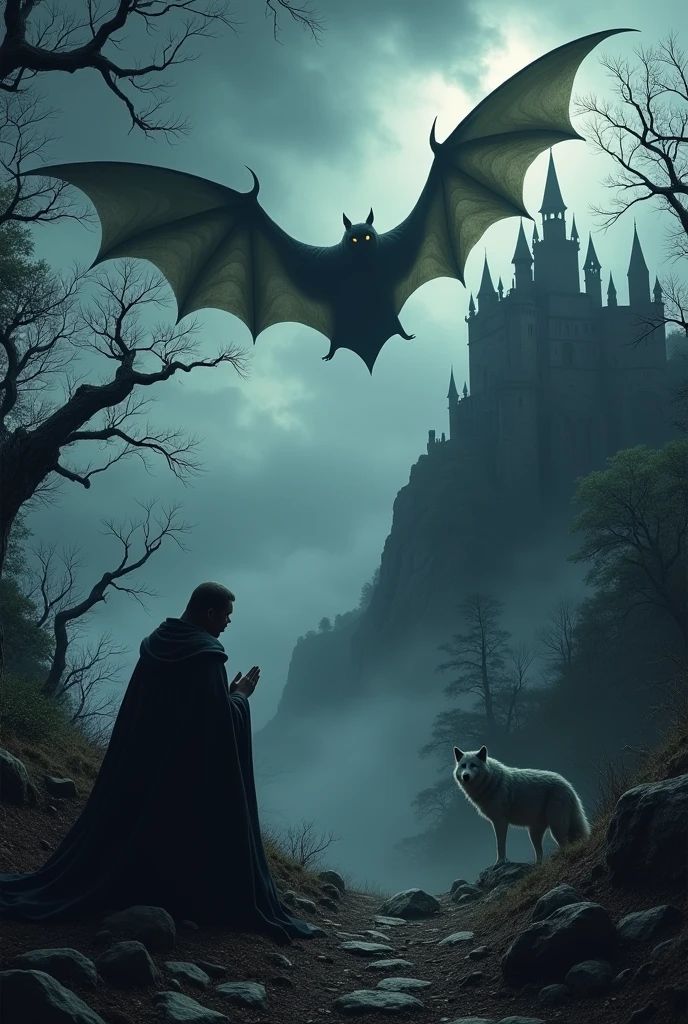 A gigantic, monstrous bat, the Muercelago, flies towards the background of Dracula's castle, with dead trees, a monk, and a giant wolf.