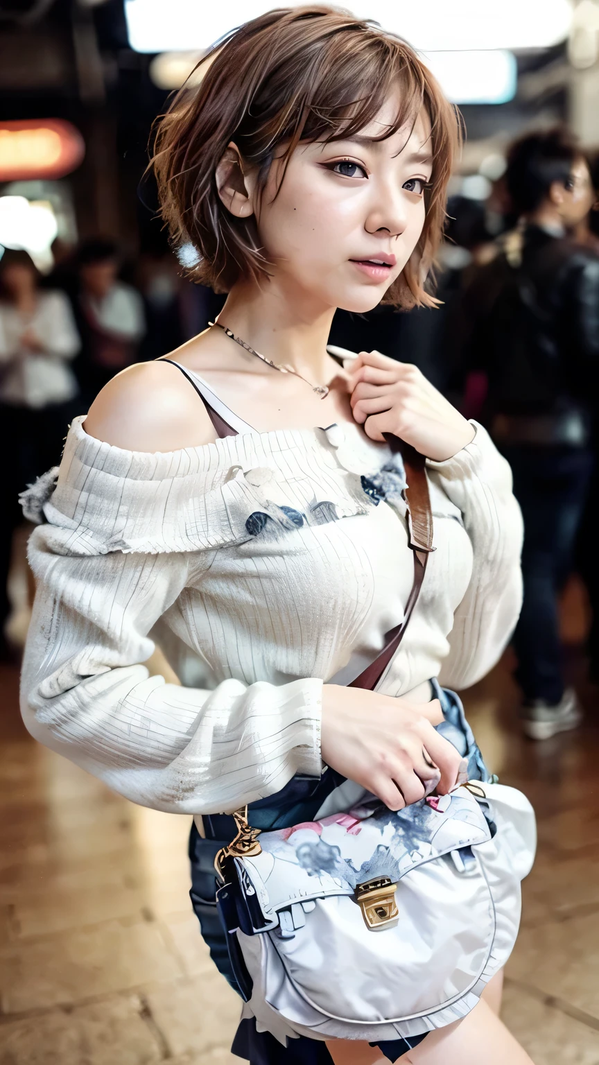 (Realistic、Like a photograph、Live Action、8k, Realistic, RAW Photos, Best image quality: 1.4), Single-lens reflex camera、RAW Photos, Highest quality, Realistic, Highly detailed CG Unity 8k wallpaper, Written boundary depth, Cinematic Light, Lens flare, Ray Tracing, Realistic background、A landmine girl waiting for reservation、((Wearing an off-shoulder white blouse:1.4)、((Wear wide pants:1.1、((The strap of the shoulder bag passes between the chest:1.5、Equipped:1.5、Vice Rush)))、Small )、Cute ass)、((ra high density skin))、 1 female,cute Japanese、standing front of train station, Waiting for someone while looking at a smartphone、The whole body is visible:1.5、Wearing sneakers:1.1、(short h1.2、My hair is blowing in the wind)、stylish ambiance、Very detailed and perfect costume、(White skin)、Precise and beautiful legs:1.1、View from the front、Highly detailed face