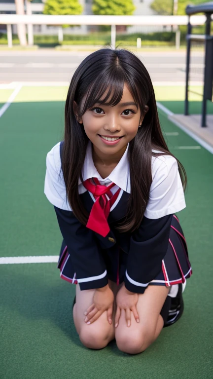 Best-quality, Masterpiece, Ultra-High-Resolution, (Photorealistic:1.4), Raw-Photo, full-body-shot, front-view, from-below, 1girl, the most famous Japanese idol, squatting at stairways, wearing matching Japanese-high-school-uniform, (extremely cute face like the most popular Japanese idol, (extremely beautiful big-eyes)), extremely beautiful hair, extremely beautiful skins, extremely beautiful long-eyelashes, extremely beautiful lips, extremely beautiful short-body, extremely beautiful thighs, innocent-smile, looking at viewer, dynamic-pose, detailed playground, detailed matching-Japanese-high-school-uniform, detailed Panchira,(( dark skin:1.6 ))