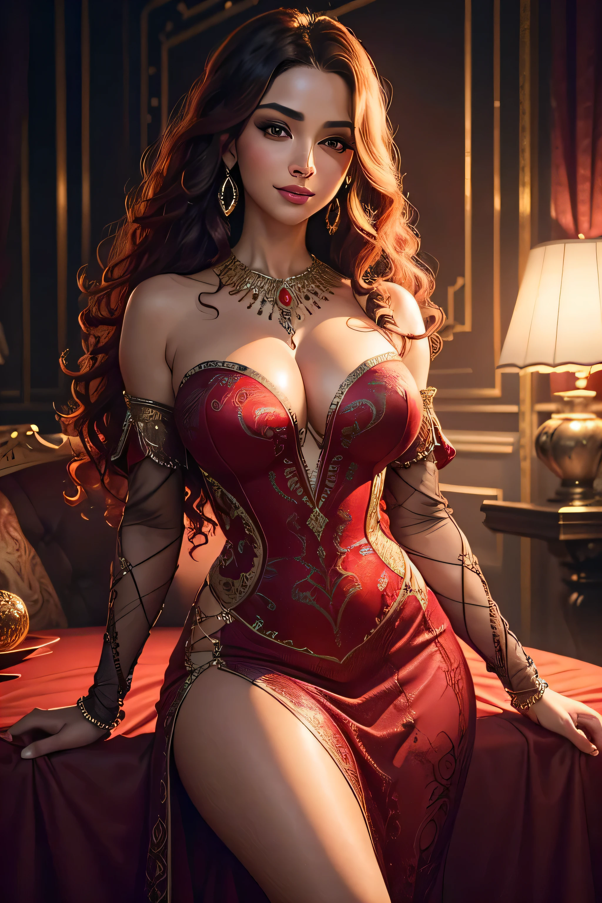 1 gorgeous latina woman, beautiful detailed eyes, beautiful detailed lips, extremely detailed face, longeyes lashes, tight elegant red dress, curly hair, smiling, luxurious interior, intricate details, dramatic lighting, photorealistic, highly detailed, 8k, cinematic, dramatic colors, chiaroscuro lighting, renaissance painting, dramatic, elegant