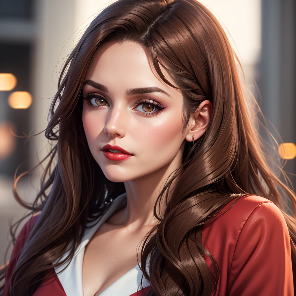 create a 30-year-old woman with long brown hair and red lipstick, digital influencer, facing the camera, close-up