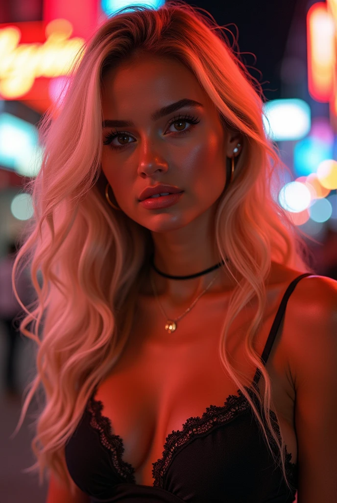 sexy American girl with heavy sexy makeup face not fat subtle jawline blonde in clear lighting