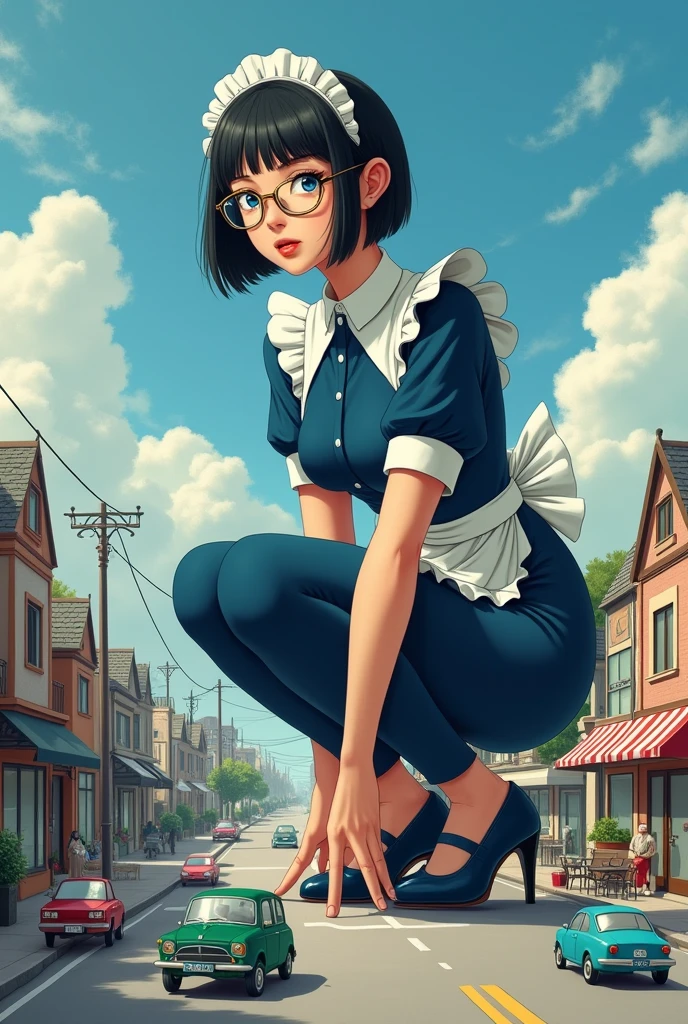 Giant&#39;s Art, Highly detailed Giant shot, Giant, short hair, A maid that is much bigger than a skyscraper, wearing rimless glasses, big breasts, BIG ASS, navy maid uniform, black pantyhose, black shoes, very small metropolis, miniature metropolis, squatting and urinating, full body description, ＧＴＳ, Giga Giant, Stomping City, crash city, Small town, micro city, maid, pee, 