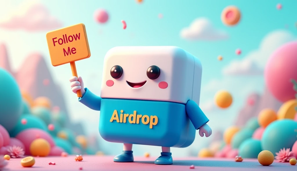 White square-shaped pill, wearing a shirt with the word Airdrop, cầm bảng có chữ follow me