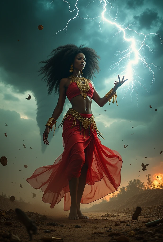 Black woman Orisha, warrioress, curled hair, red and gold clothing, bare feet, in the middle of a tornado, with lightning coming out of his hand