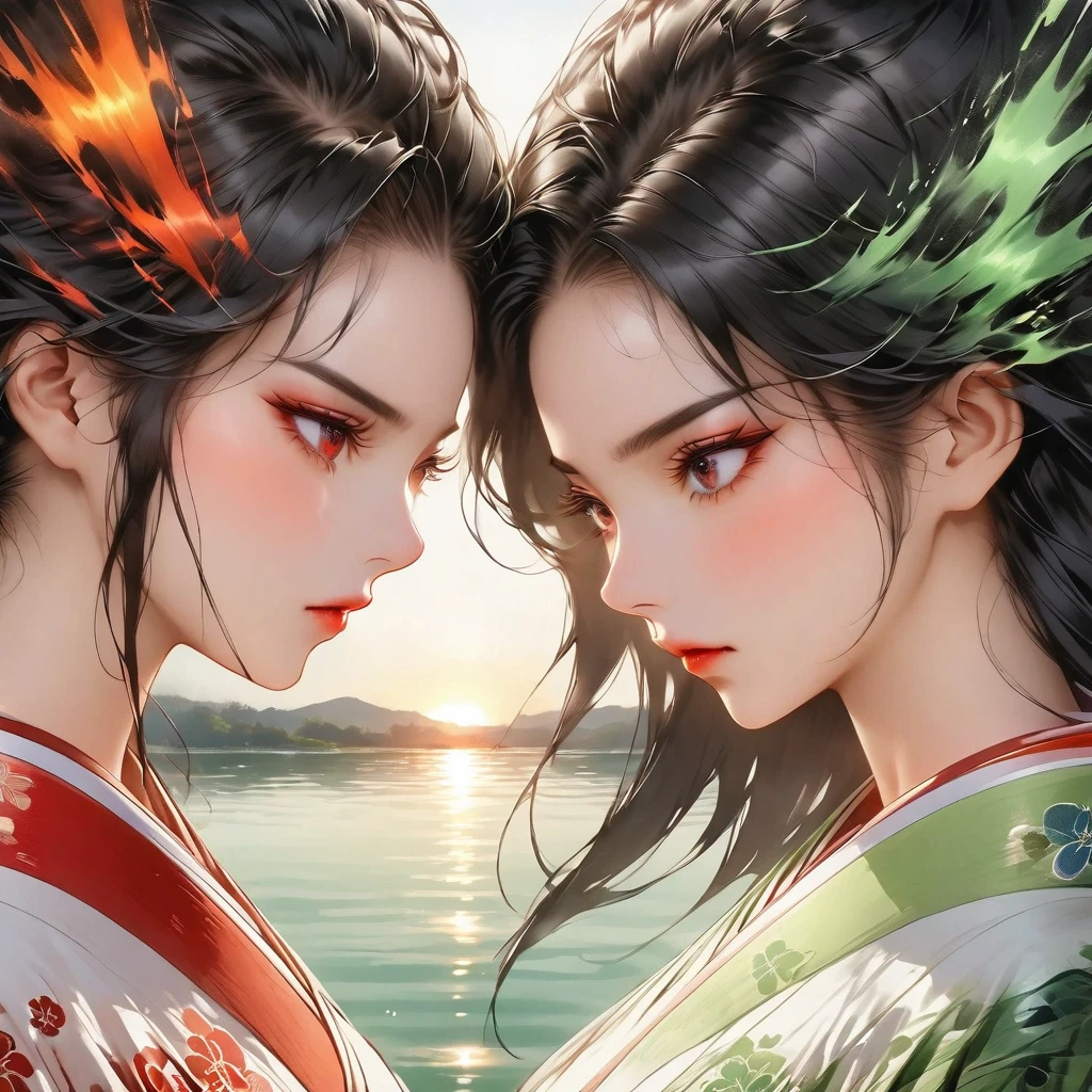 Two Women,Rivals,((Blades clashing,Forge,Japanese sword,Sparks fly from the point of contact)),Close-up The two colors contrast,Wearing a kimono,profile,((greenい目白い髪,Red eyes black eyes)),To be enveloped in an aura,green,Green sunset,lake,Reflected on the surface of the water