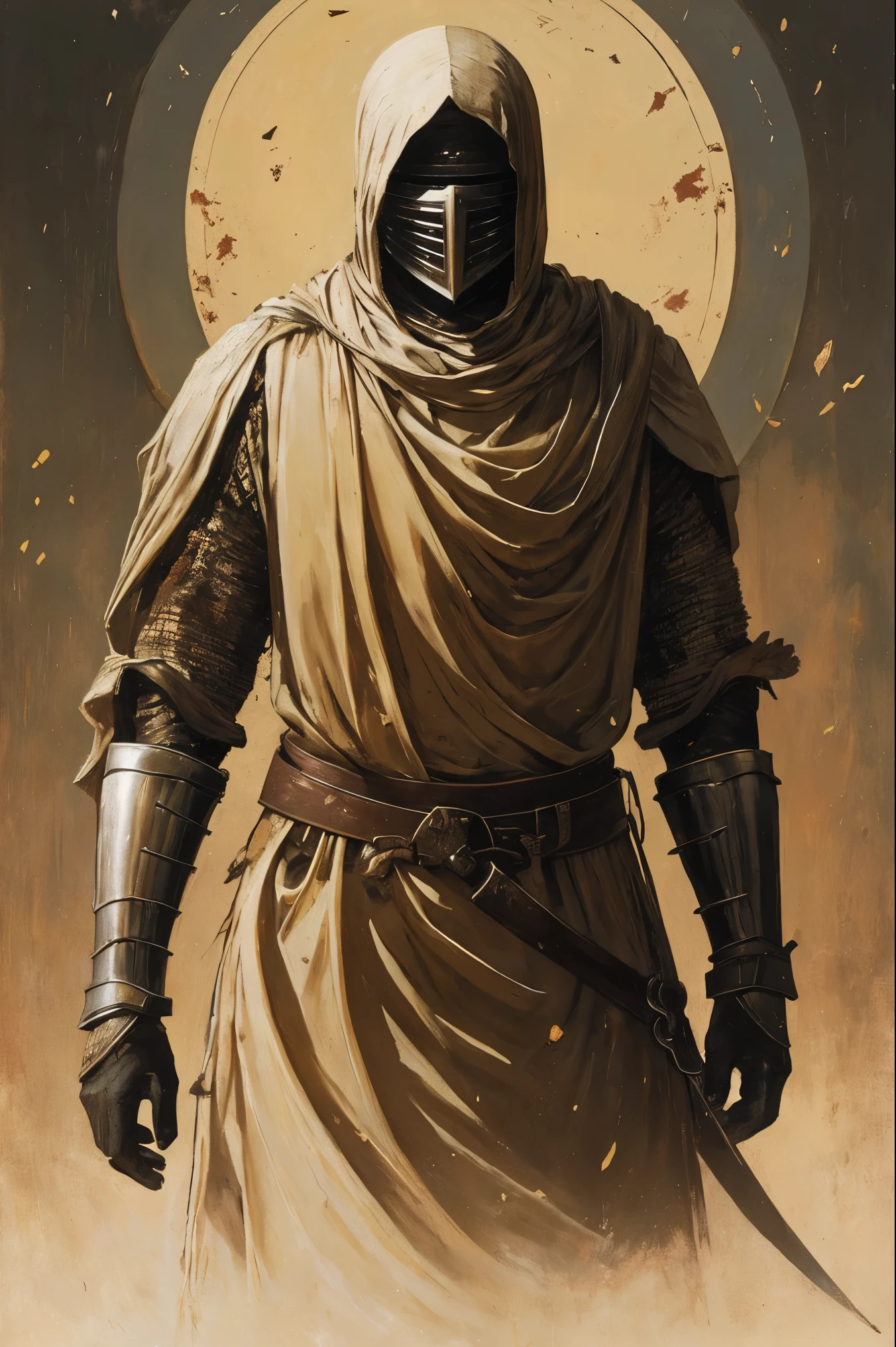 a painting of a cowering woman, gaunt, late 20s, arms wrapped in yellowing bandages, skin hidden behind dirty knight armor, bandages covered in dried blood and puss, disgusting, defiant fleeting eyes, in pain, old bandages wrapped tightly, mended armor plates over torso, mended knight, short ratty hair covering face, dirty face and clothes, sneering, face is visible, head is visible, short matted hair around head, nothing covering scalp, mended plate chest armor