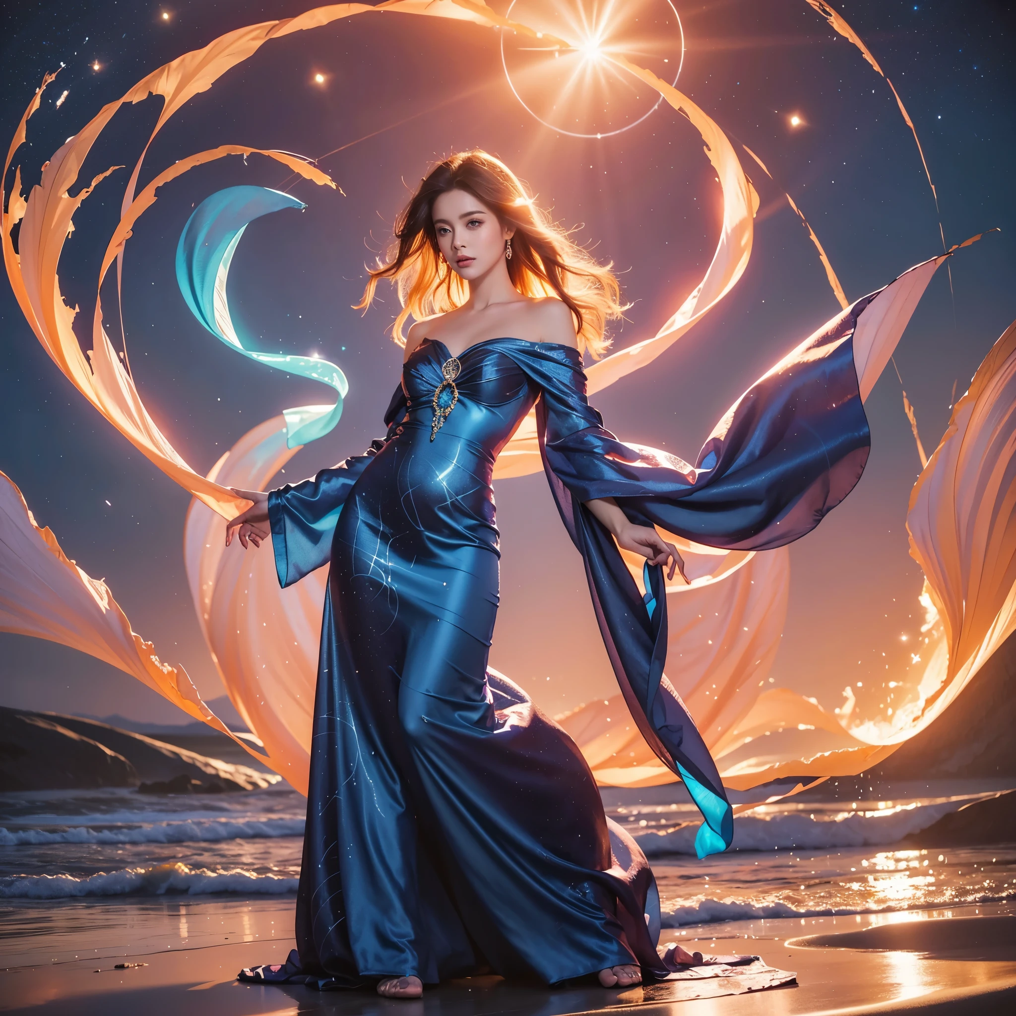 a woman in a long dress standing on a beach with a swirl of light, woman spinning in a circle twirling dress, flowing magical robe, dress made of fire, swirling magical energy, fantasy woman, dramatic lighting fantasy, beautiful celestial mage, glowing with magic, fantasy gorgeous lighting, flowing robes, flowing dress, fantasy photoshoot, neon colors flowing gown, colorful swirling luminescent dress, goddess of light, softly swirling magical energy