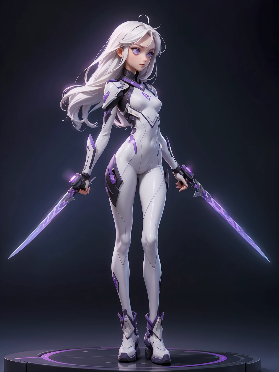 ((Best Quality)), ((Masterpiece)), ((Realistic)) slender, cute girl with medium-length white hair and vibrant purple eyes. She wears a tight-fitting, sleek suit with high-tech boots and chestplates. The outfit includes matching vambraces, all in a futuristic, high-tech design. She wields a high-tech sword, adorned with glowing lights along the blade and hilt. The girl's expression is calm and focused, complementing her stylish, advanced gear. ((full body view))