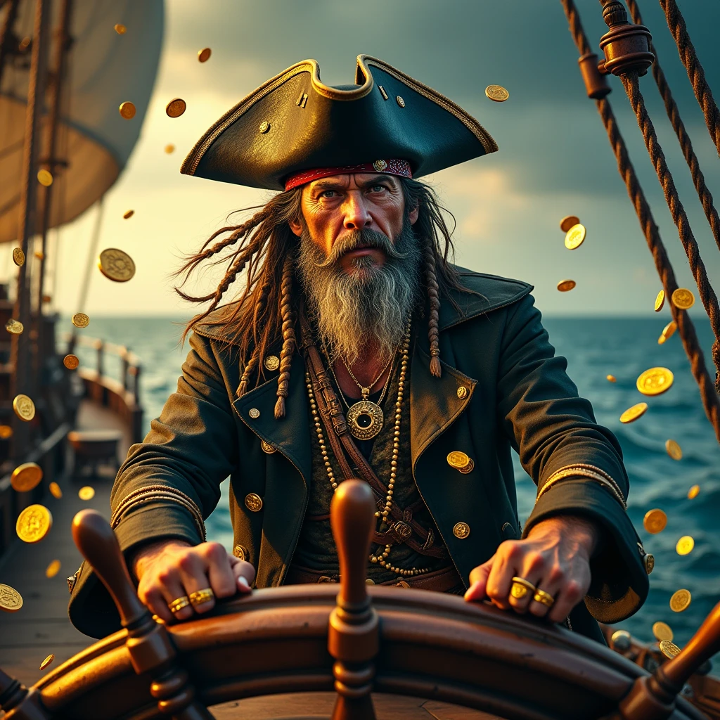 The power of money,Pirates,There are gold coins flying in the background.