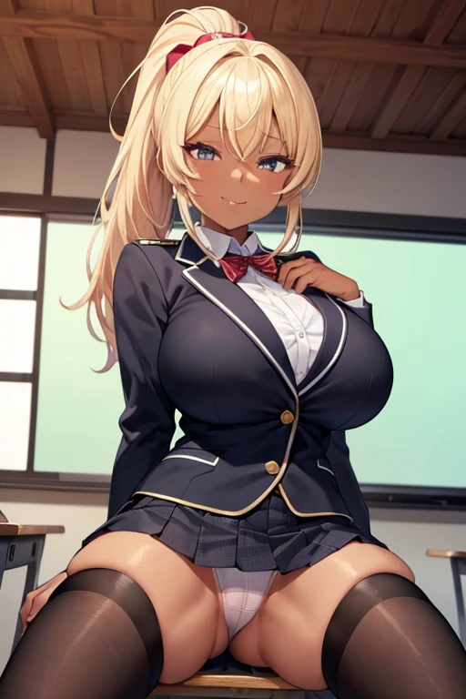 (((Spread your legs、光沢ofある下着、白色ofパンティー))、(((Accentuate the crotch、白色of下着)))、Highest quality, 8k, masterpiece :1.3)), whole body, Sharp focus :1人of少女,光沢ofある肌, pose,Highest quality,Tabletop,shape,Very delicate and beautiful,Hmph,8k壁紙,wonderful,In detail,Official Art,Very detailedなティッカーUnity 8k壁紙,Unbelievably ridiculous,Large file size,Very detailedな,High resolution,Very detailed,Beautiful detailed,Realistic,X-ray,The queue is full(of,(((Uniform Blazer、mini skirt、black tights、白色ofパンティー)))、(((Big Breasts、blonde)))、(((School、classroom)))、Stand upright、胸of谷間 , (白色ofパンティー)、((金色of髪、Dark Skin))、Uniform Blazer、exy pose、Hairstyle: ponytail、both hands、Black gal(Dark Skin:1.2)