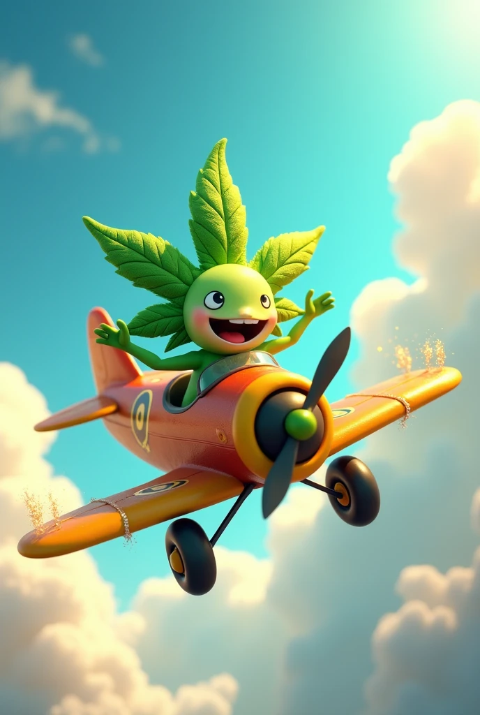 A character based on the cannabis leaf (humanoid in shape) riding in a small plane among the clouds all animated