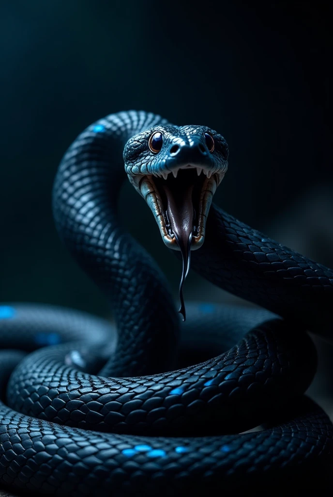 A black snake with blue highlights and baring its fangs against a dark background with its mouth open