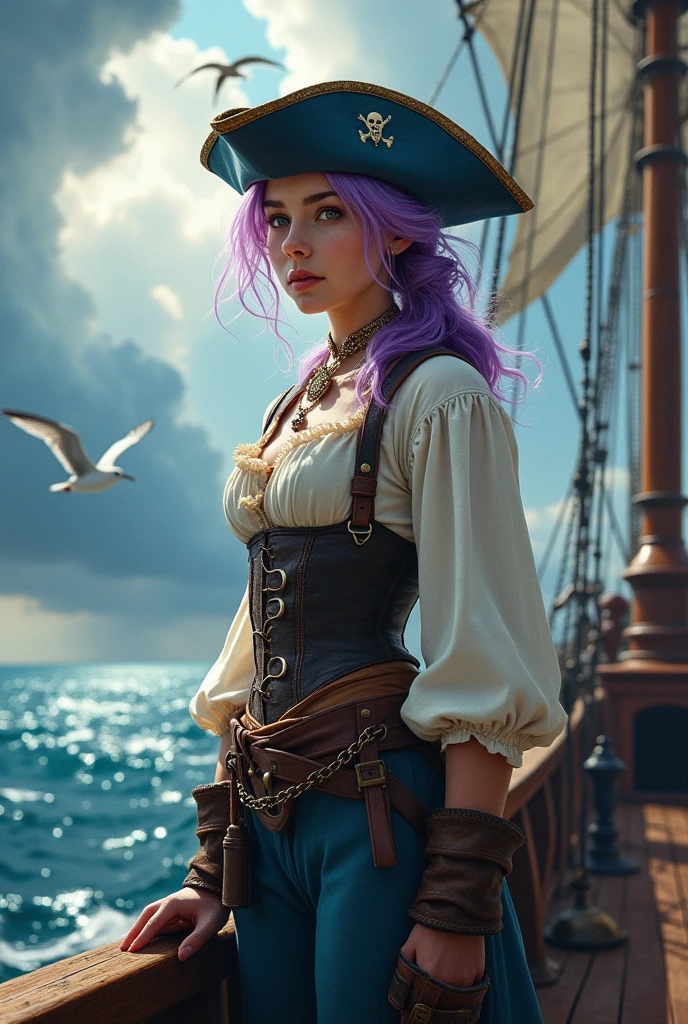 Pirate girl, -17, withistorically accurate attire, and lavender hair, with a blue monmouth cap and low ponytail.