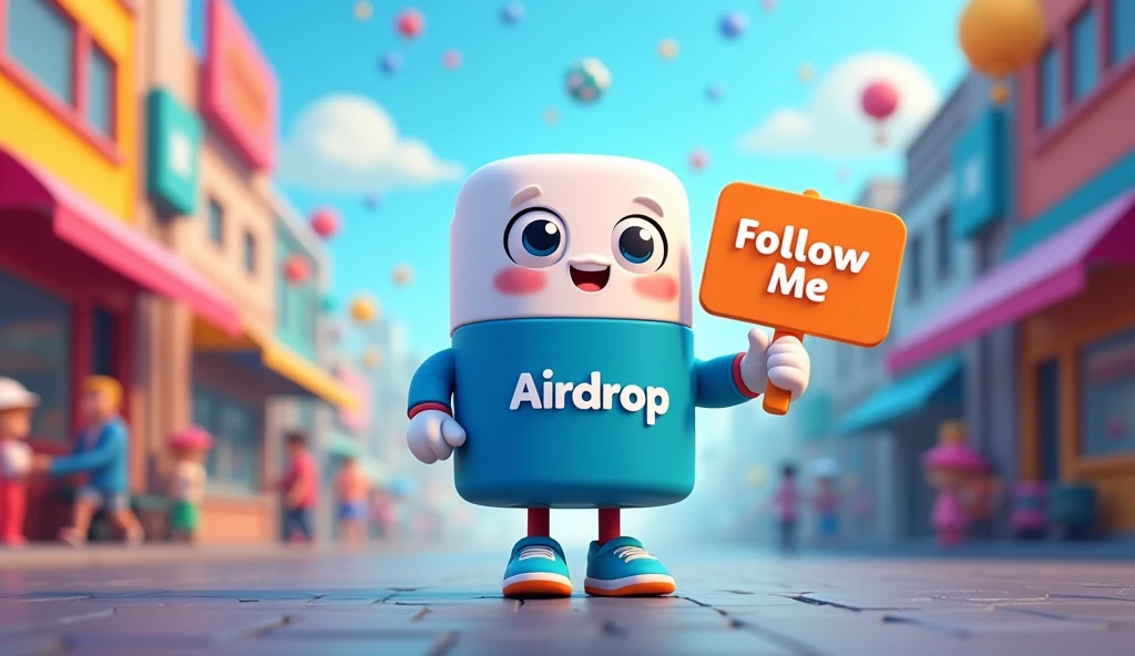 White square-shaped pill, wearing a shirt with the word Airdrop, cầm bảng có chữ follow me