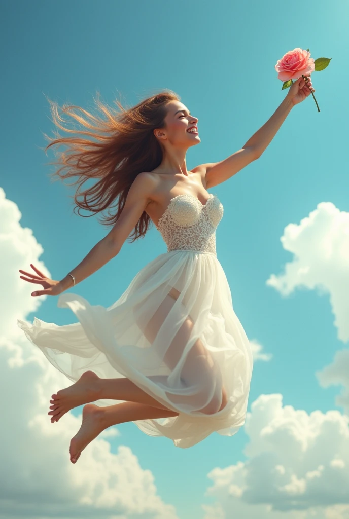 (photorealism:1.2), a beautiful woman ,flying in air Ross in his hand his lip in kiss position