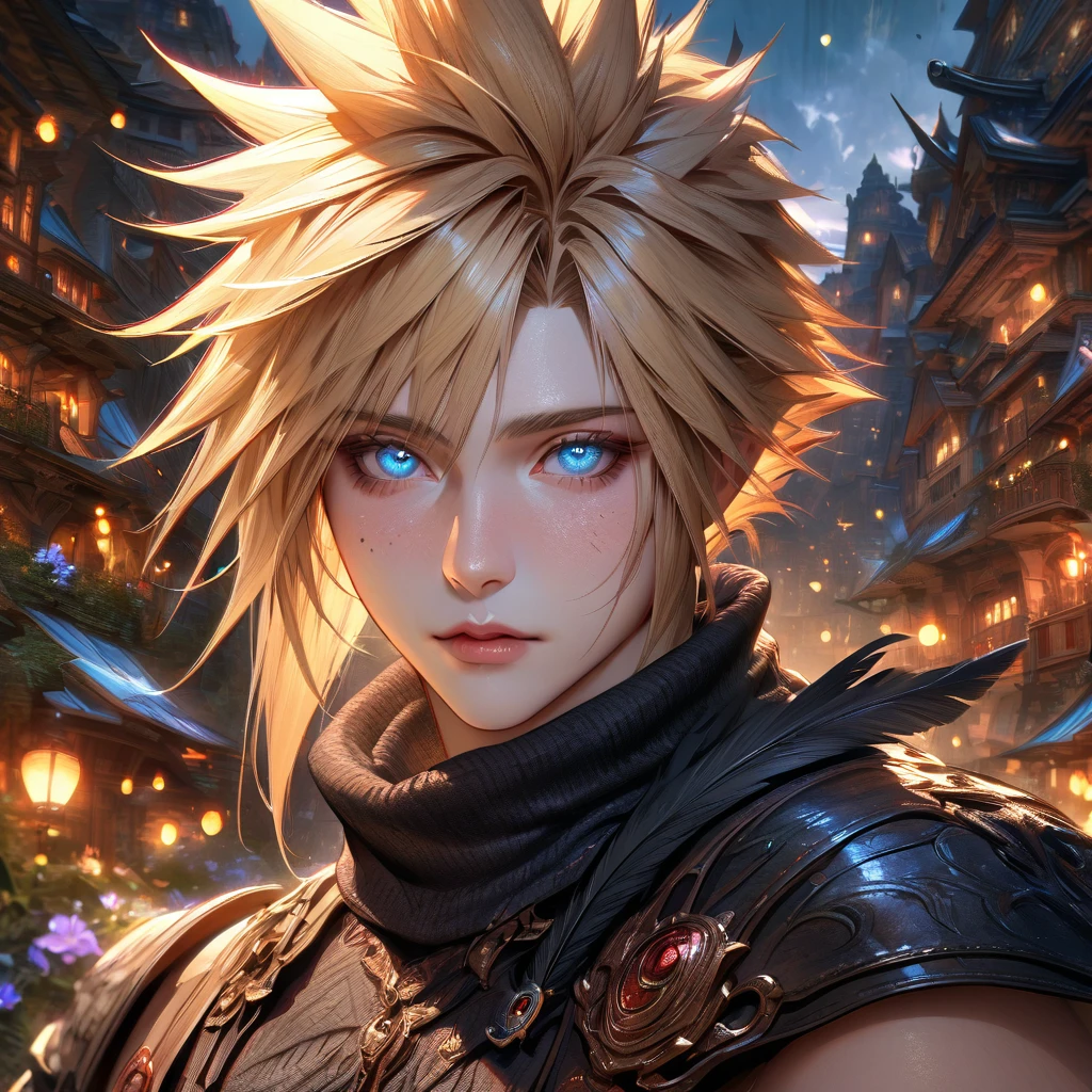 Ultra detailed, highres, absurdres, HDR, master piece, Cloud Strife, blonde hair, expressive blue eyes, black clothes, Final Fantasy VII Remake, petals, fireflies, sexy man, solo, handsome, very detailed face and eyes, best quality, fantasy, magical, realistic face, fantasy city, black feathers, feathers, sensual, close up