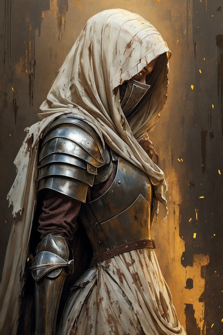 a painting of a cowering woman, gaunt, late 20s, arms wrapped in yellowing bandages, skin hidden behind dirty knight armor, bandages covered in dried blood and puss, disgusting, defiant fleeting eyes, in pain, old bandages wrapped tightly, mended armor plates over torso, mended knight, short ratty hair covering face, dirty face and clothes, sneering, scars all over her face, head is visible, short matted hair around head, mended metal chest armor, painted style