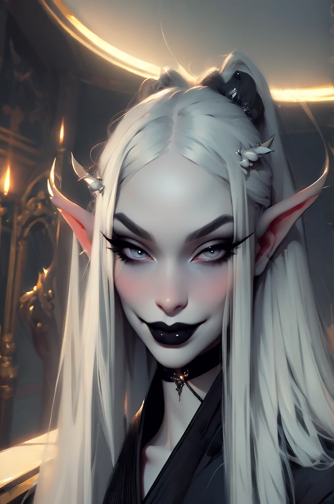 hyper-realistic of a mysterious woman with long white hair, ears of elf, piercing gray eyes, and a black lipstick, delicate smile, upper body, dinamic poses, sitting,