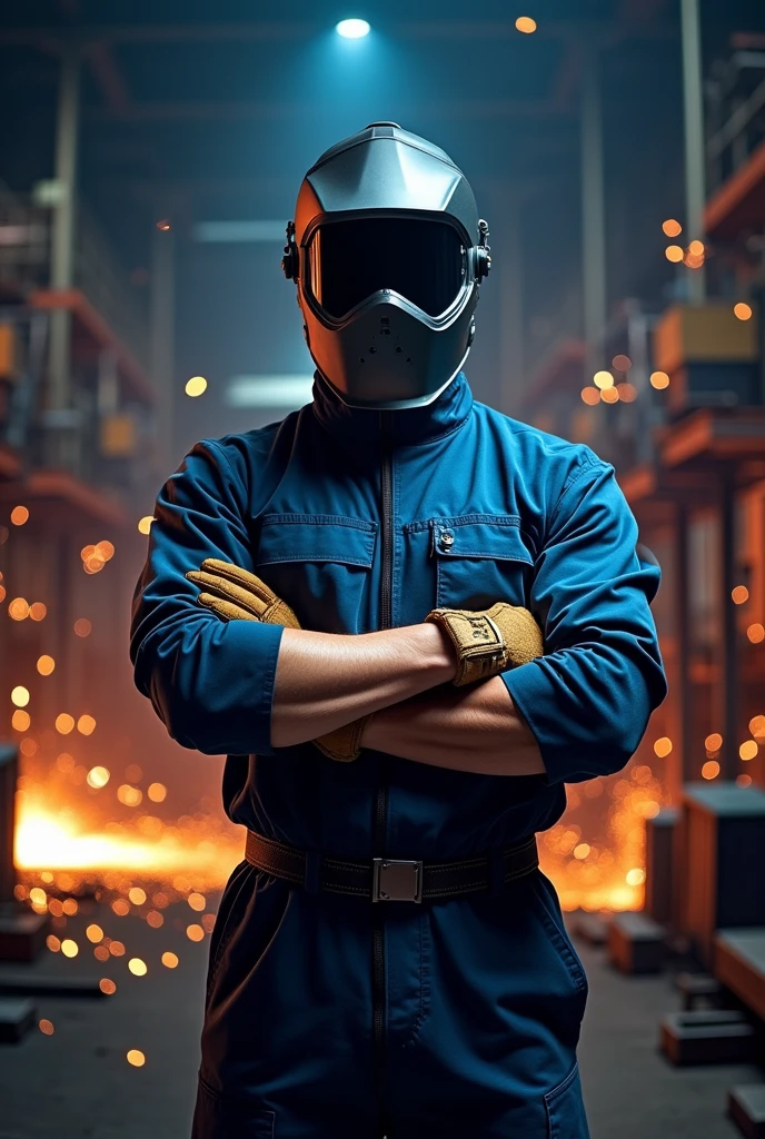 Create a logo with the name inoxpro that features a welder with his arms crossed.