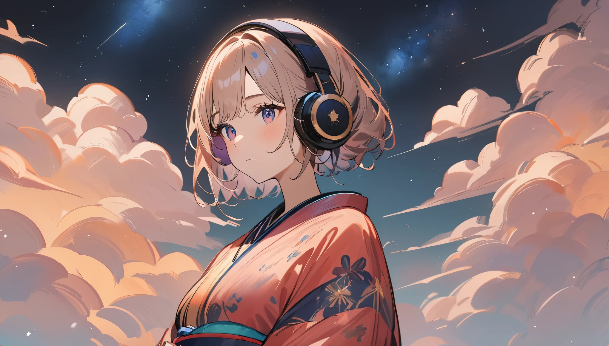 (((simple configuration))), (((The background is starry sky:1.2))), one girl, perfect anatomy, painterly, sketch, very delicate, wall with cloud-like pattern, Floral, delicate depiction, abstract, Bright colors overall, Gentle color, kimono, Taisho romance, (masterpiece, highest quality, highest quality, official art, beautiful:1.2), ((headphones)),
