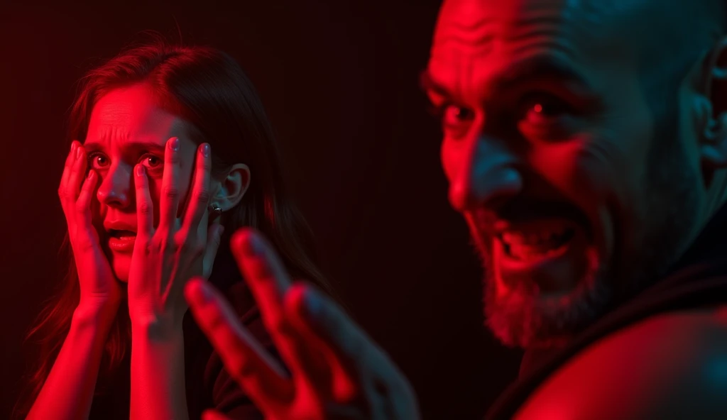 Generate a image of  18+ girl scared of rape putting her hand on her face and add red colour for danger over the girl and a dangerous lusty man like monster don't make the man completely monster make in way that he looks like monster and add some hand which are hungry for lust add girl. Of atleast 25 years make her look scared and add some man also