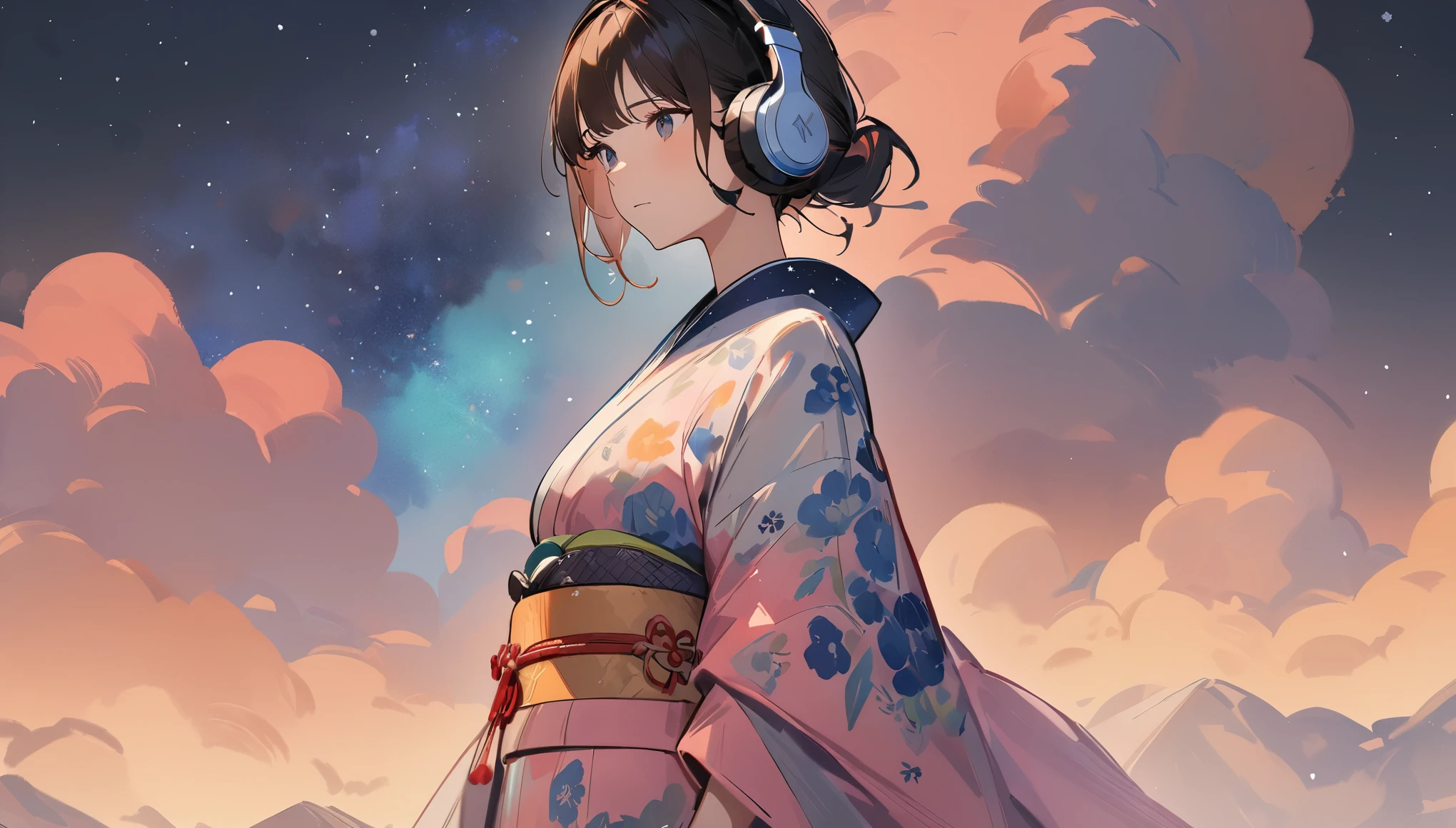 (((simple configuration))), (((The background is starry sky:1.2))), one girl, perfect anatomy, painterly, sketch, very delicate, wall with cloud-like pattern, Floral, delicate depiction, abstract, Bright colors overall, Gentle color, kimono, Taisho romance, (masterpiece, highest quality, highest quality, official art, beautiful:1.2), ((headphones)),