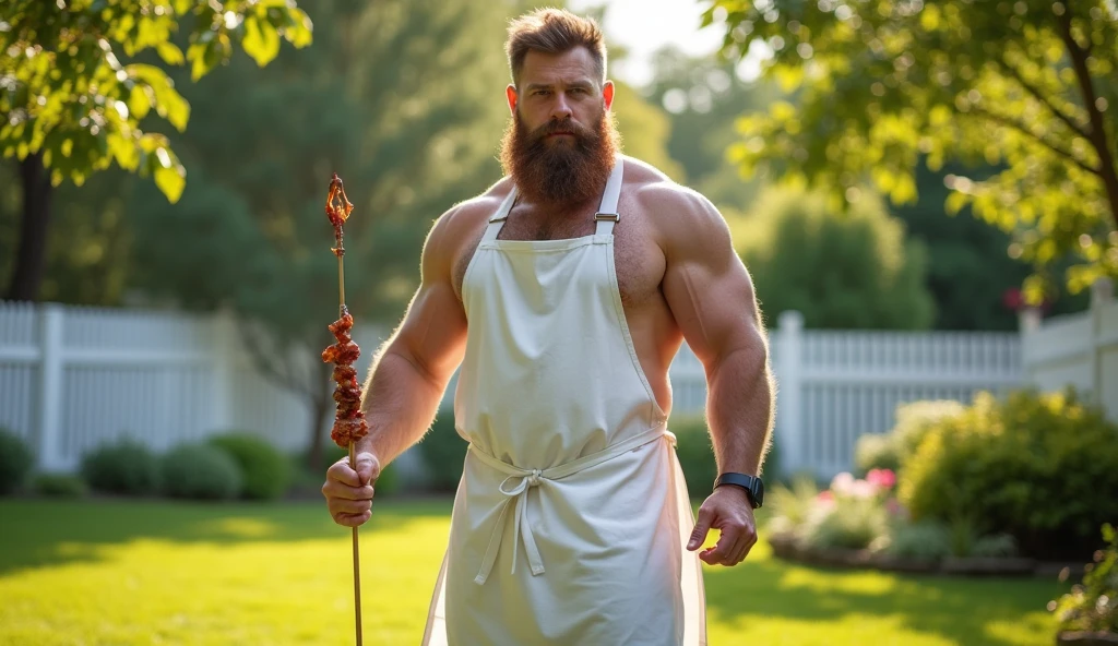 a fat and strong man, daddy style, vestindo um avental branco e segurando um espeto de BBQ, naked man, body covered in lots of hair, erect penis, ejaculating semen, Generic summer garden, green grass and white fences, BBQ
