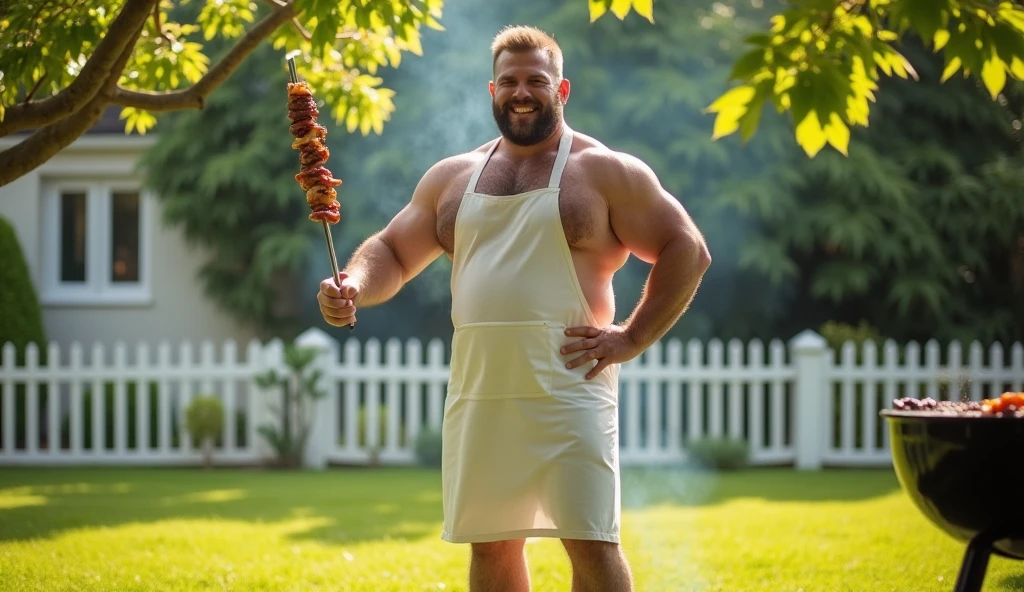 a fat and strong man, daddy style, vestindo um avental branco e segurando um espeto de BBQ, naked man, body covered in lots of hair, erect penis, ejaculating semen, Generic summer garden, green grass and white fences, BBQ