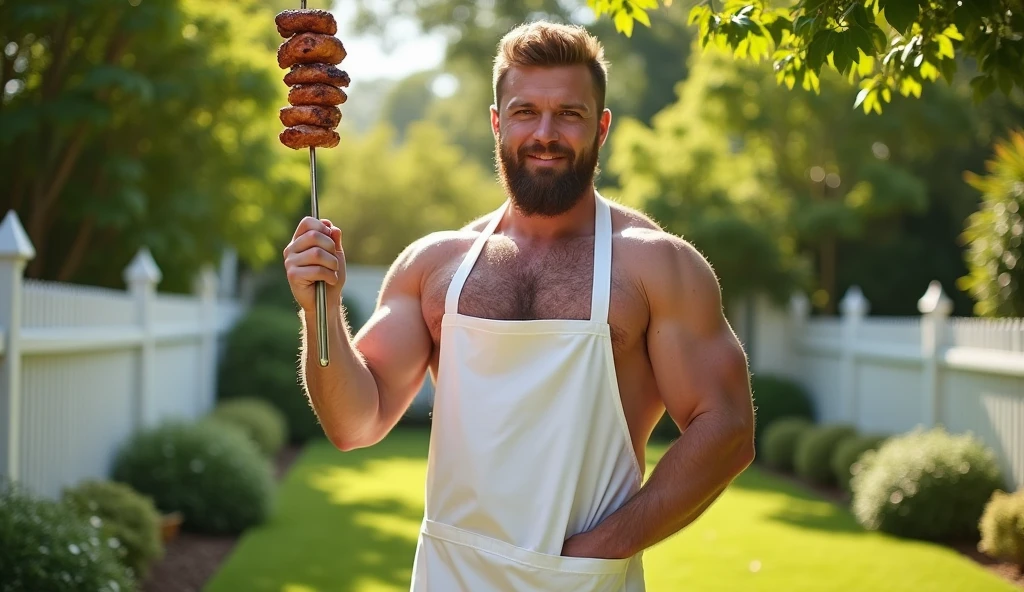 a fat and strong man, daddy style, vestindo um avental branco e segurando um espeto de BBQ, naked man, body covered in lots of hair, erect penis, ejaculating semen, Generic summer garden, green grass and white fences, BBQ