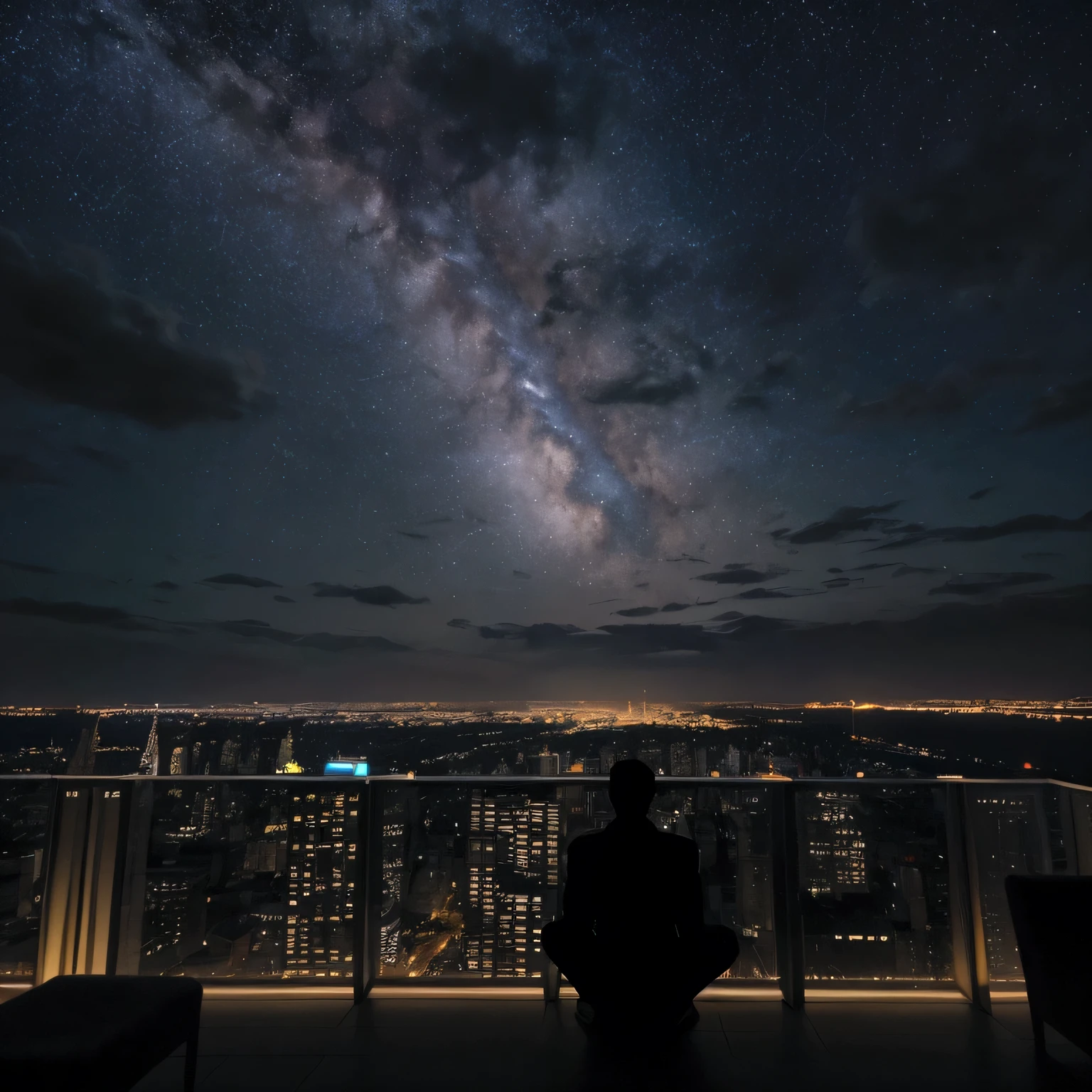 silhouette, man sitting on the terrace of a tall building, mysterious atmosphere, feeling of being on top of the world, a magical night, admiring the beauty of the city lights, the trail of the Milky Way, and the sky full of stars