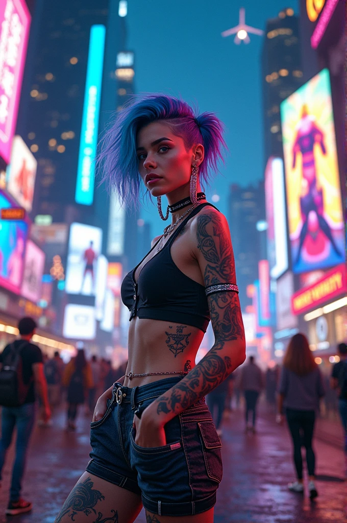 1 white girl with light skin tone, soegschwind,
Engaging portrait of a cyberpunk-inspired beautiful girl with captivating multi-colored hair flowing down her back. her clothing is extremely sexually revealing, bare breasts but otherwise covered, The girl's hair showcases a vibrant fusion of blue, purple, and pink hues, symbolizing the essence of the cyberpunk aesthetic. Her face, radiating an air of mystery and intrigue, takes center stage in the composition. As the camera angle expands, it reveals her upper body, allowing her confident posture and stylish attire to shine. The portrait is crafted in a futuristic art style, seamlessly blending urban dystopia, neon lighting, and advanced technology. The background immerses the viewer in a dynamic cybernetic cityscape, with towering skyscrapers, illuminated billboards, and a captivating atmosphere. This cyberpunk-inspired artwork draws inspiration from visionary artists like Syd Mead, H.R. Giger, and Masashi Kishimoto.
<lora:soegschwind:1>