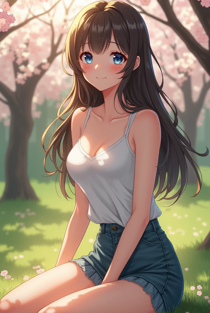 10 years old、Cute Woman、Cute Face、Cute Smile、10 years old 、Bright yellow hair、Bright Blue Eyes、Full Body Shot、80mm、Shapely breasts、Slightly larger breasts、Lazy Smile、Open neck tank top、mini skirt、Medium Long Hair、Dark brown hair、garden、Squirting、cherry blossoms、Because I'thin、Beautiful and thin legs、Clear white skin、Sit on、