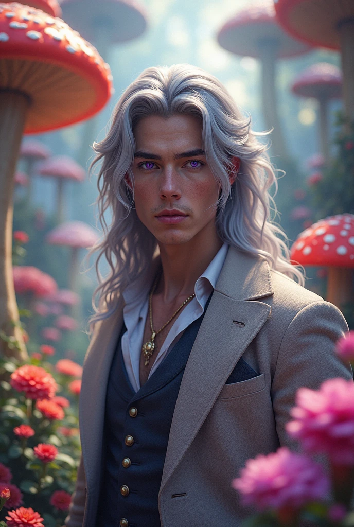 Prince man with purple eyes and gray hair (aesthetic) , that the prince is very attractive (beautiful, handsome in face and body), and that he is in wonderland