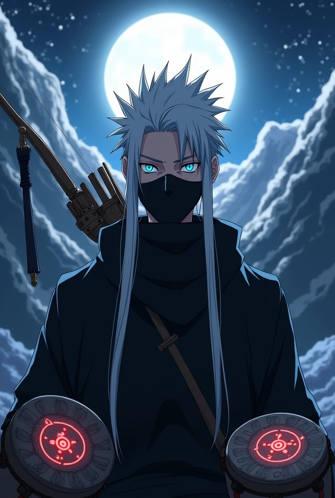 A man with blue eyes and long, spiky white hair that hangs down, partially covering his eyes and ending at his neck., Dressed in a style similar to the Jujutsu Kaisen choso, but entirely black., A black mask, like Kakashi's, covers his nose and mouth. With a wooden bow and drums on his back, he displays the Sharingan symbol, which is emitting rays., The scene is set at night, and he faces forward., Behind him, the moon shines brightly, and towering mountains rise. (style of anime)