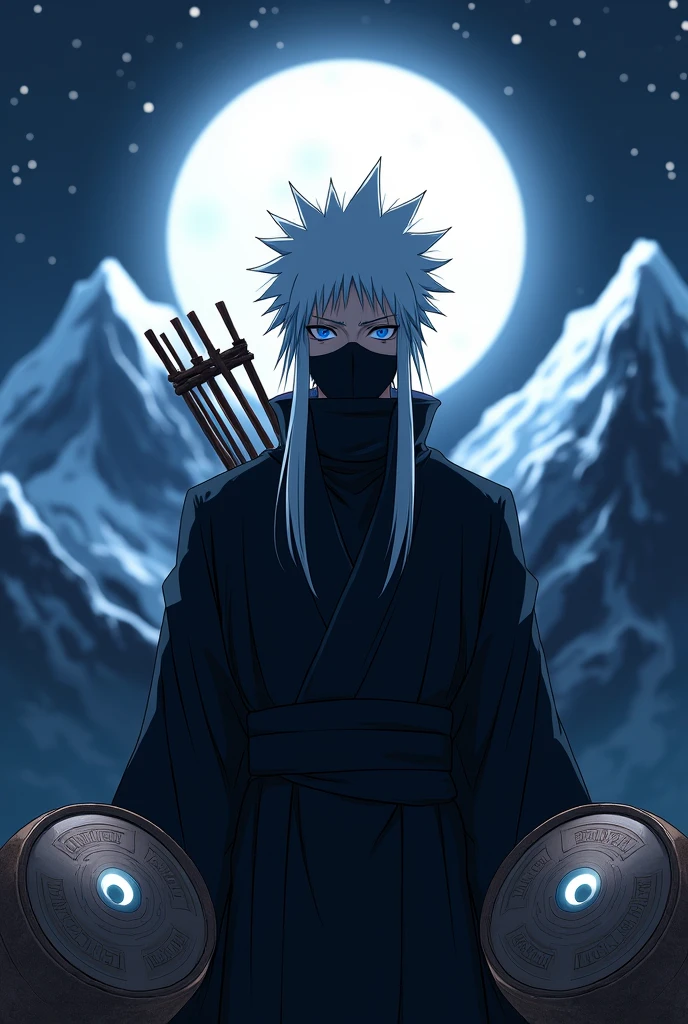 A man with blue eyes and long, spiky white hair that hangs down, partially covering his eyes and ending at his neck., Dressed in a style similar to the Jujutsu Kaisen choso, but entirely black., A black mask, like Kakashi's, covers his nose and mouth. With a wooden bow and drums on his back, he displays the Sharingan symbol, which is emitting rays., The scene is set at night, and he faces forward., Behind him, the moon shines brightly, and towering mountains rise. (style of anime)