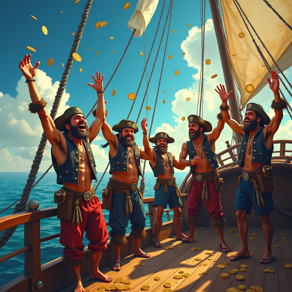 The power of money,Pirates,laughing out loud,There are gold coins flying in the background.,arms