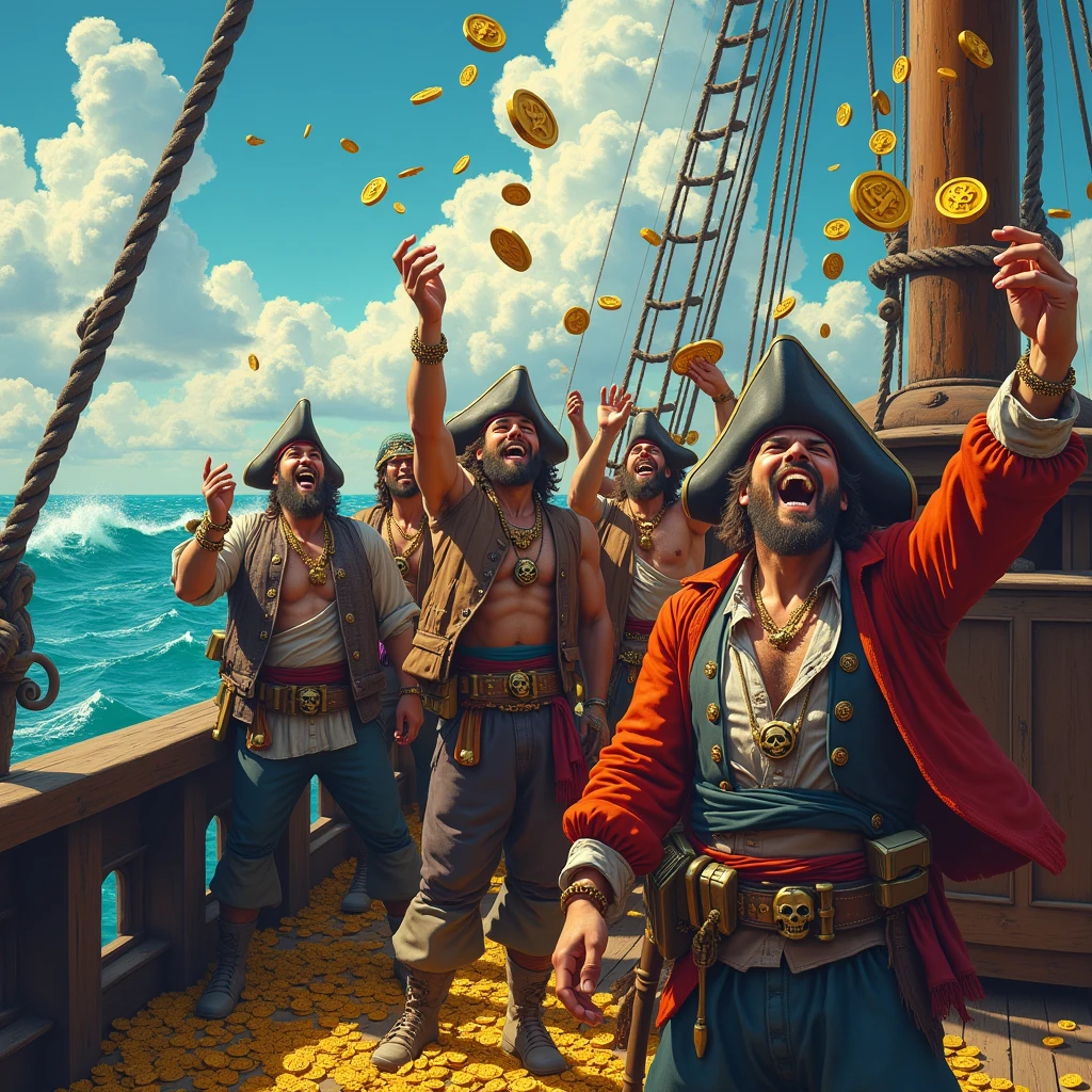 The power of money，Pirates，laughing out loud，There are gold coins flying in the background.，arms