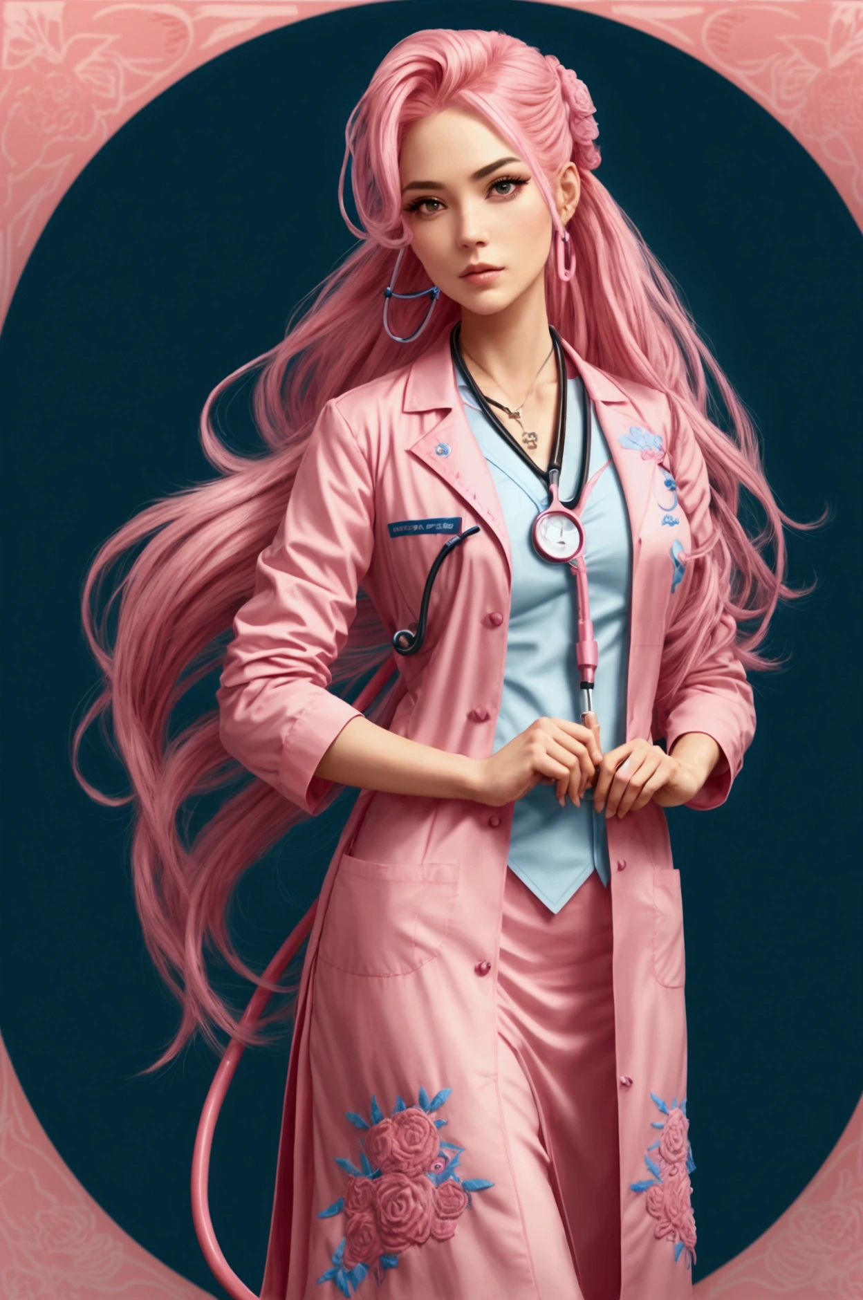 long pink rosé hair woman with strands in the front with a stethoscope around her neck because she is a veterinarian. Blue-pink JALECO stylized with embroidery and full of stylish