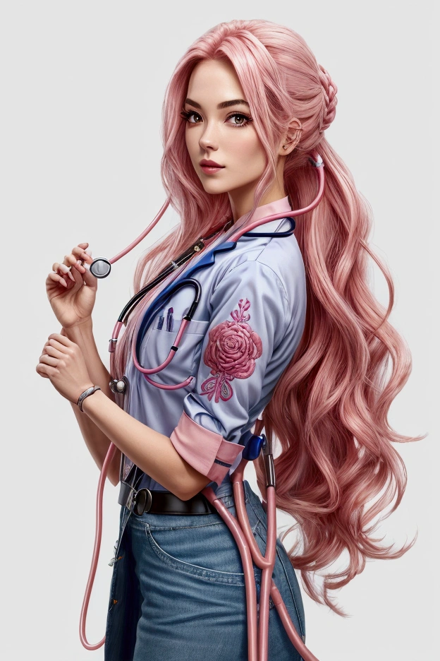 long pink rosé hair woman with strands in the front with a stethoscope around her neck because she is a veterinarian. Blue-pink JALECO stylized with embroidery and full of stylish