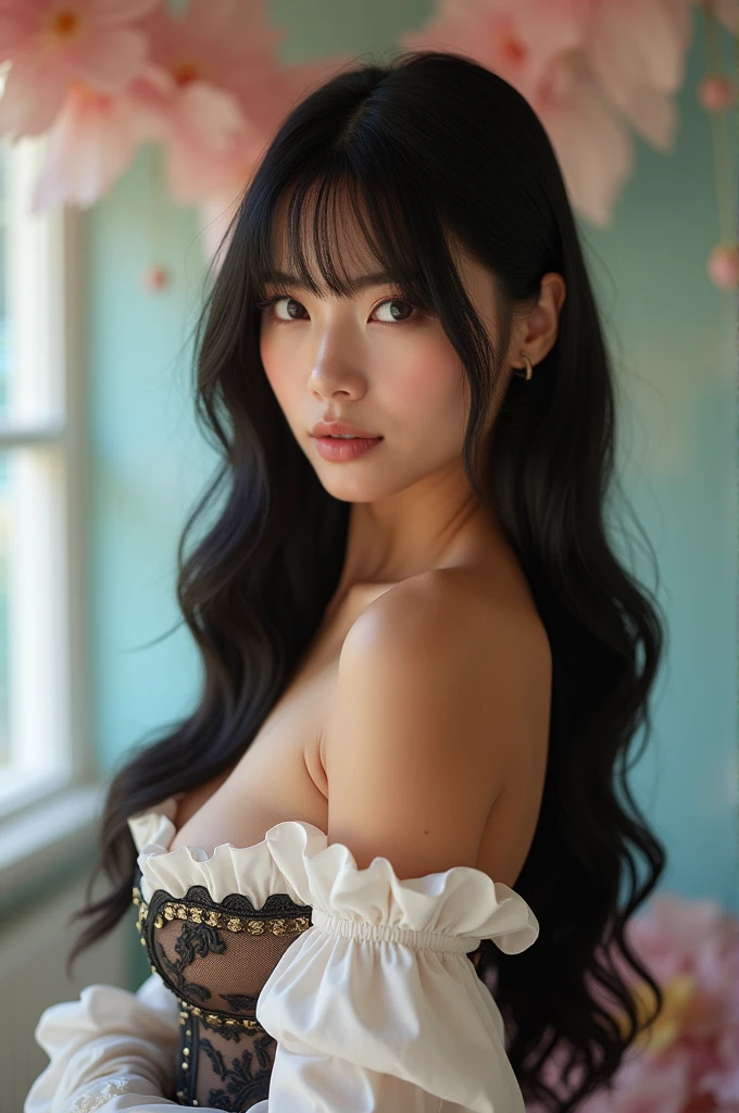 Fair skinned caucasian girl with straightened shoulder length dyed black hair and bangs, hazel eyes, 1 nose piercing, medium size breast, thick thighs, medium sized butt, sexy, naked