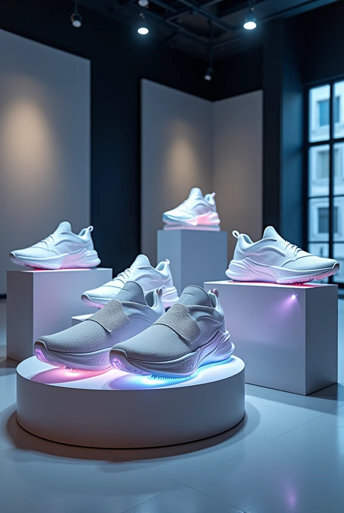 Can you generate an image with the same style but with different display stands that showcase the shoe from different angles and positions?