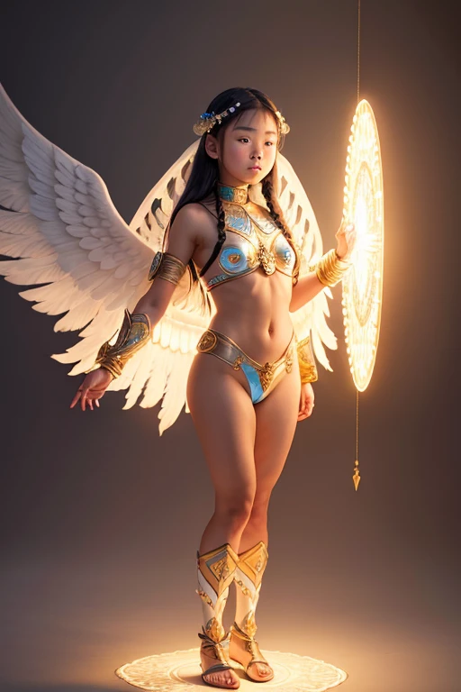 A young 15- yr old native asian girl with lovely charminvg face,( skin texture masterpiece), (perfect full body detailed anatomy), (Super accessories detailed), (meditating ), (perfect detailed glowing bright eyes),(short braided illuminating sapphire hair),Wearing transparent costume of an angel,holding a treasure septer & shield, illuminating different lights covers the sorrounding atmosphere Has beautiful large white wings, The character solemnly praying