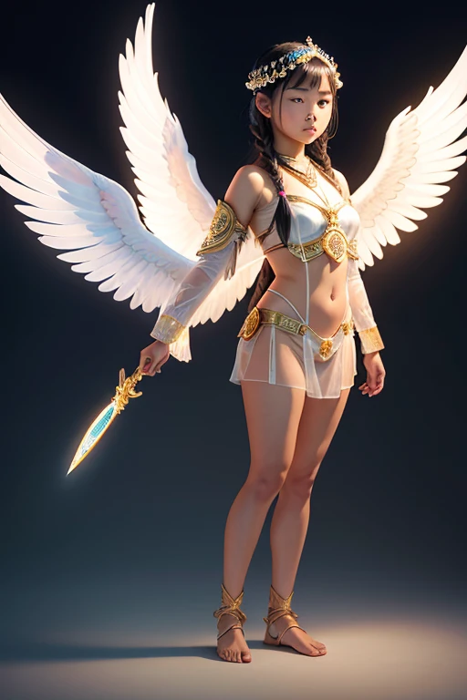 A young 15- yr old native asian girl with lovely charminvg face,( skin texture masterpiece), (perfect full body detailed ???????), (Super accessories detailed), (meditating ), (perfect detailed glowing bright eyes),(short braided illuminating sapphire hair)，Wearing transparent costume of an angel，holding a treasure septer & shield, illuminating different lights covers the sorrounding atmosphere Has beautiful large white wings, The character solemnly praying 