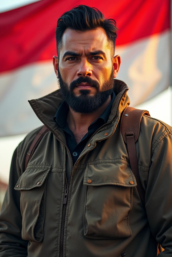 masculine jewish man, thin facial hair, full weight body, black hair, short neck, straight front pose, half body portrait, outdoor outfit jacket, in front of Indonesia flag