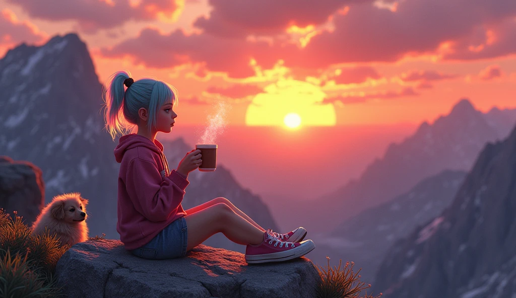 a serene mountain sunset scene. In the foreground, a young e-girl is sitting on a rocky outcrop, wearing a pair of Converse All Stars. She is sipping a cup of coffee, with a relaxed and content expression as she watches the sunset. Beside her, a medium-sized dog is sitting comfortably, both gazing at the breathtaking view. The warm, golden hues of the setting sun cast a beautiful glow over the landscape, with the rugged mountain terrain and distant horizon creating a peaceful and picturesque backdrop. The overall atmosphere should evoke a sense of calm and appreciation for nature's beauty, highlighting the special moment shared between the e-girl, her dog, and the sunset.