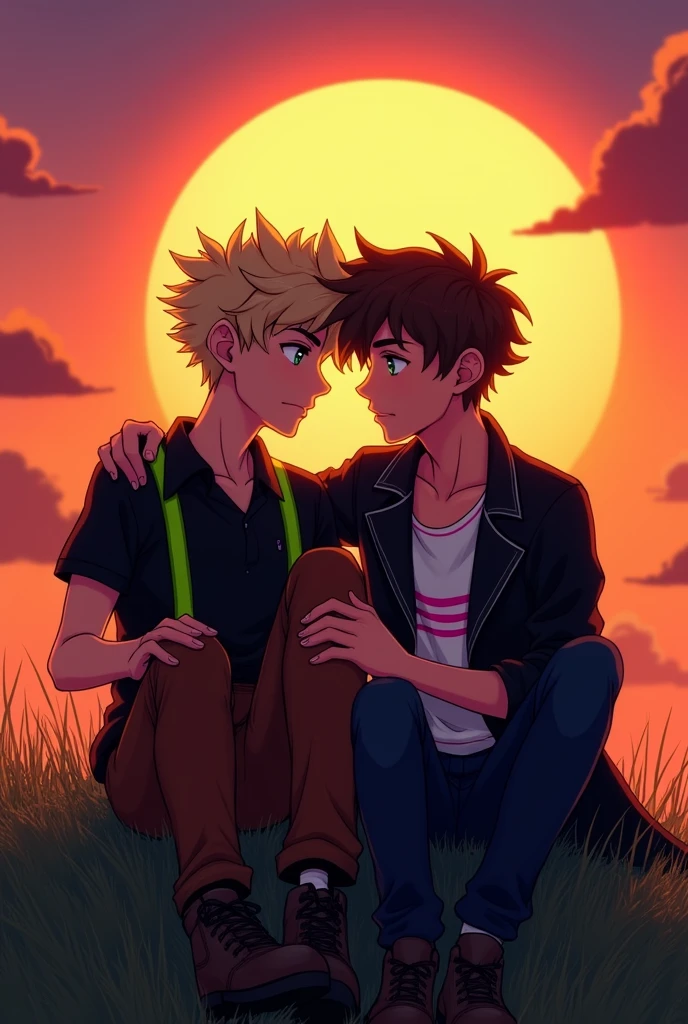 Jesse and Lukas, sitting at sunset, I want them to be mined. Lukas, blonde and aqua eyes, He holds Jesse by the waist with one hand. Jesse, brown hair and green eyes, He runs his hands over Lukas's shoulders. Jesse wears a black shirt with green suspenders, brown pants and brown boots, while Lukas is wearing a black jacket, a white shirt with fuchsia stripes, jeans and black boots. I want you to believe it as digital art