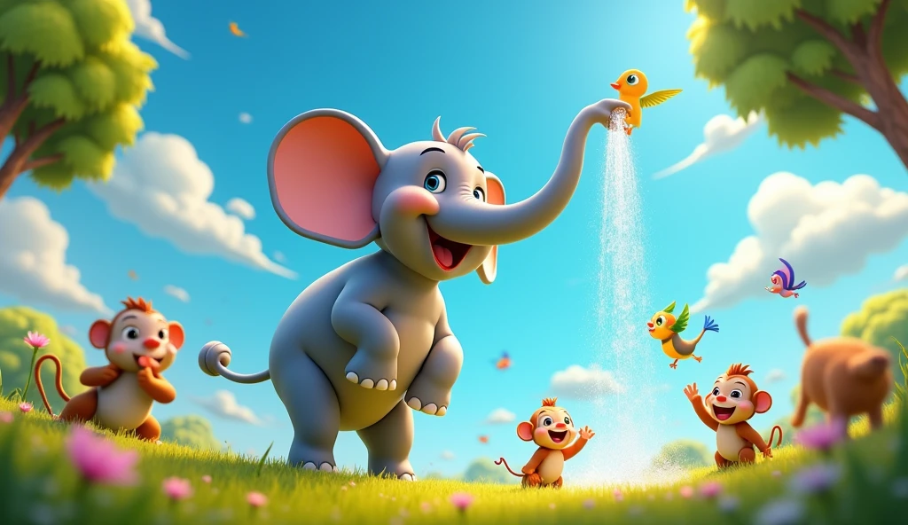 In 3d animation style " The elephant using its trunk to shower a group of playful animals with water.