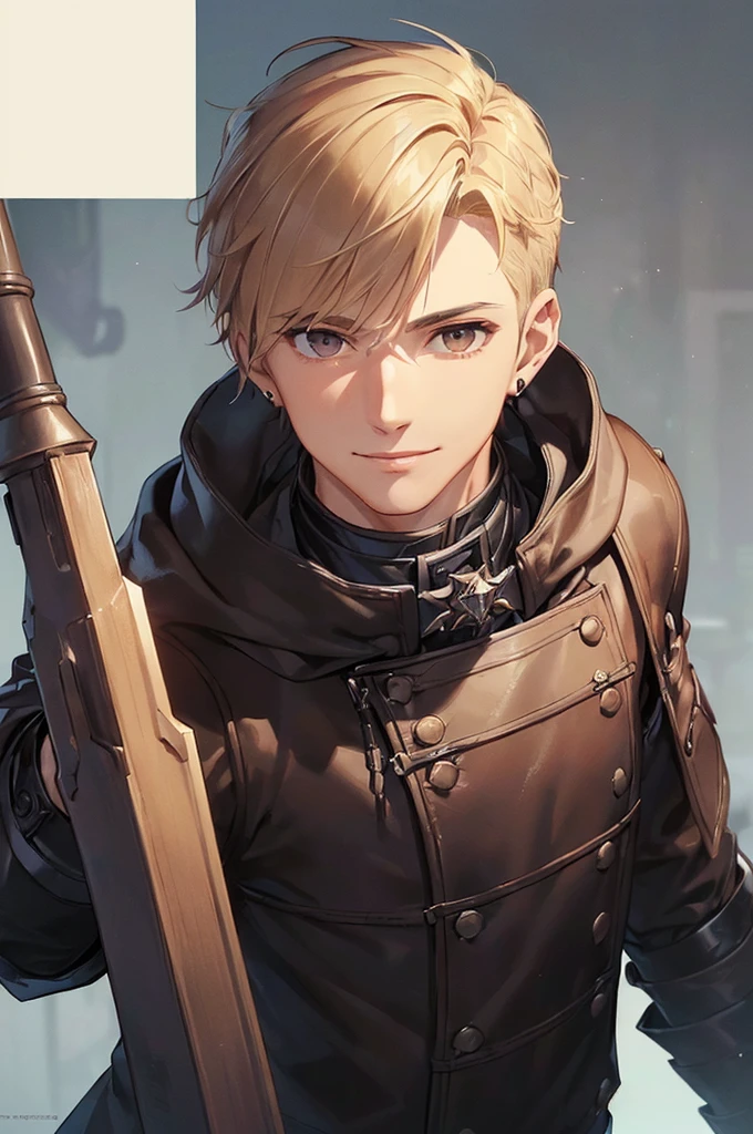 (((masterpiece; best quality: 1.2))), (detailed eyes: 1.3), ((1 young man)), ((solo)), (brown eyes: 1.4), (body shape; lean, masculine, manly face: 1.3), (short blond hair: 1.3), (clear background: 1.2), ((depth of field)), (equipment: masculine adventurer garb + practical hard-leather hunter protection + black hooded hunter overcoat + black stud earring: 1.3), (anime illustration: 1.2), (background composition; fantasy tavern interior + furniture: 1.1), (handsome: 1.1), (shot composition; standing + centered on face + bust close-up: 1.5), (facial expression; calm + smile: 1.2)